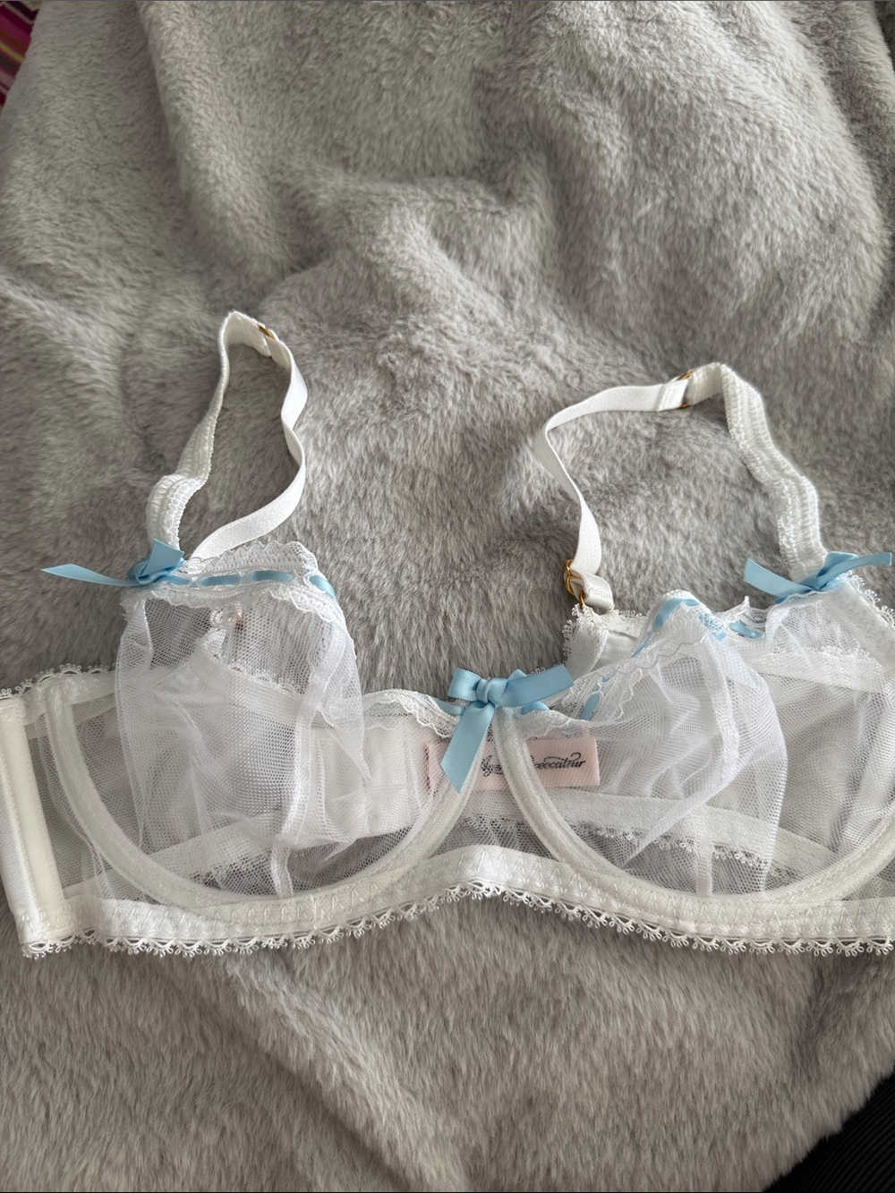 Agent Provocateur White Sheer Lace Underwire Bra with Light Blue Bows